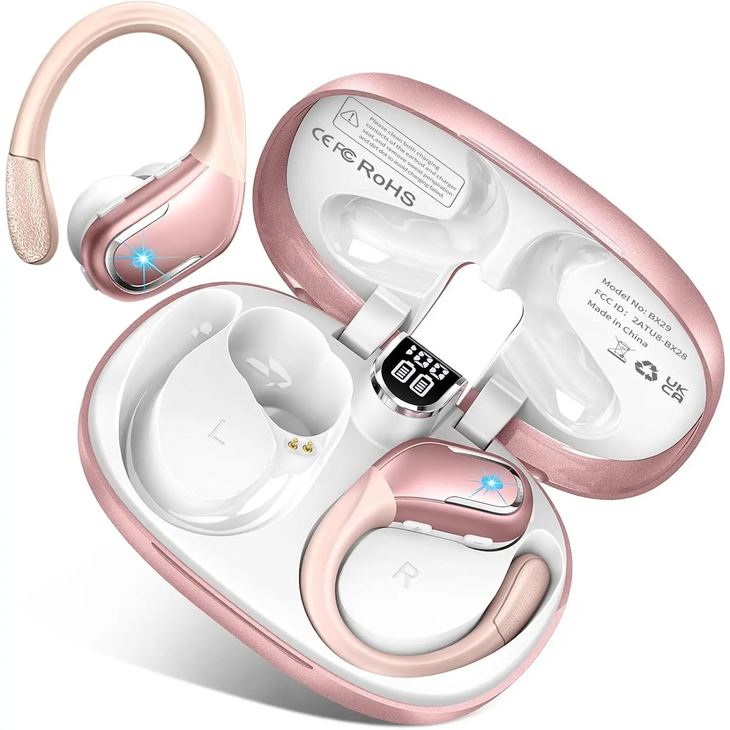 Rose Gold Wireless Bluetooth 5.3 Earbuds with HiFi Stereo Audio, 75H Playtime, Noise Cancelling Mic, IP7 Waterproof, LED Display, Button Control, Sport Headphones