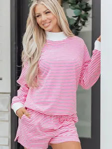 Pink Stripe Oversize Mock Neck Sweatshirt and Shorts Set, Oversize Mock Neck Sweatshirt Offers Relaxed Comfort With Modern Style.