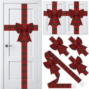 6 Pcs Christmas Cabinet Bow Ribbon Decoration Set Include Large Cabinet Door Bow and 10M Wide Red Green Checkered Festive Ribbon, Holiday Xmas Decorations for Christmas Tree Wreath Outdoor