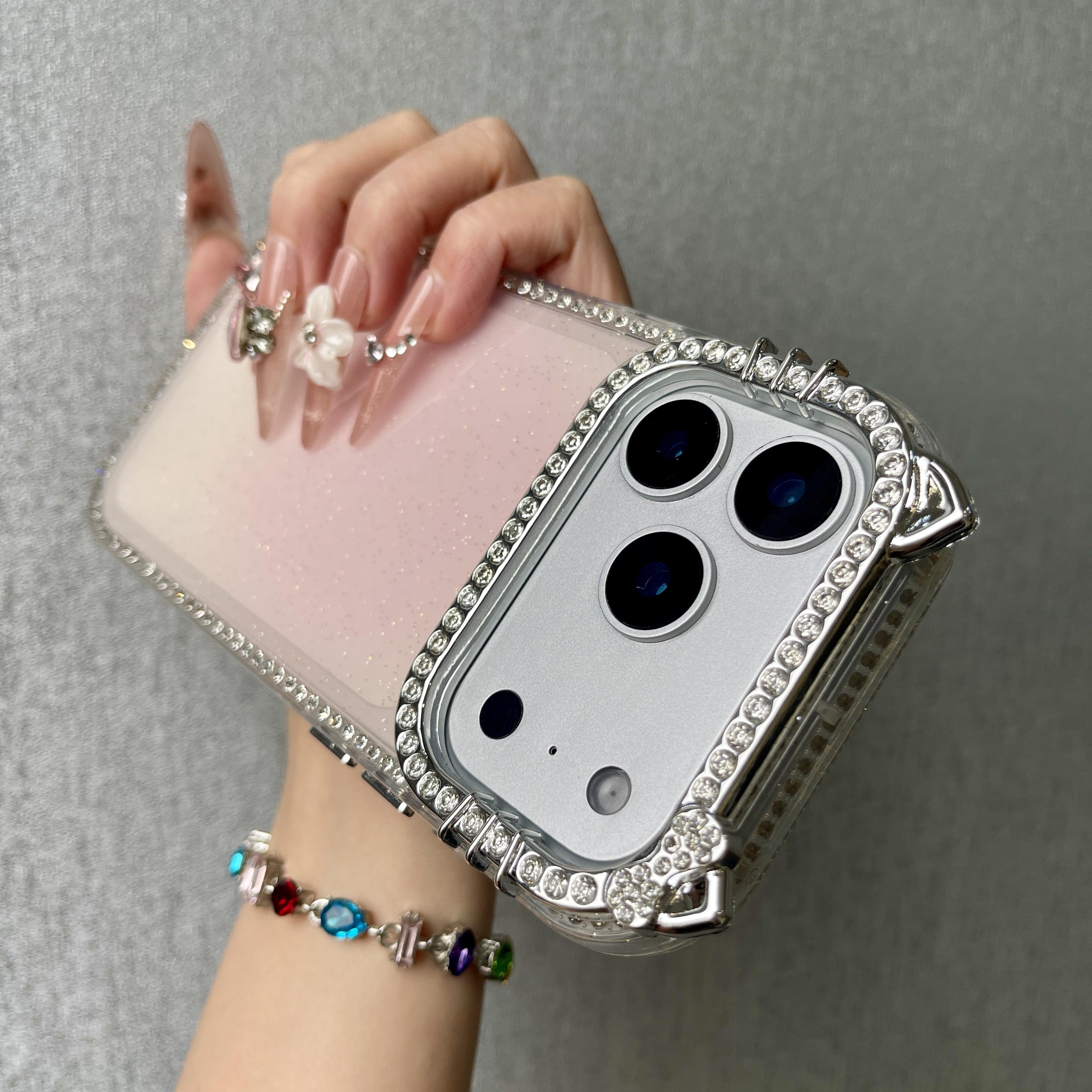 DIY Glitter Clear Phone Case with 3D Butterfly & Rhinestone Charms, Bling Cat Ear Diamond Frame Customizable Protective Cover for IP 17 PROMAX junk