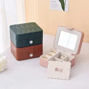 Portable Jewelry Storage Box with Mirror, 1 Count PU Leathe Jewelry Organizer,  Trinket Trade Box, Durable Lightweight Organizer Multi-grid Jewelry Storage Box for Earring Necklace Ring Bracelet, Summer Gift