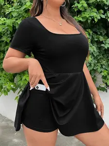 Elegant Plus Size Women's Spring Summer Casual Sporty Daily Wear Solid Color Square Neck Waist Cinching Dress Side Pockets Shorts Set