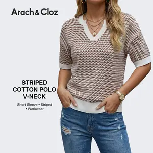 Arach&Cloz 2026 Women's 100% Cotton Polo V Neck Striped Short Sleeve Casual Pullover Sweaters Spring SummerVibes