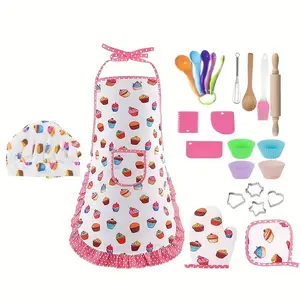 24 Piece Kids Kitchen Apron Set, Role Play Cooking Utensils, Kitchen Pretend Play Set, Play Kitchen Accessories, Christmas Gift for Boys and Girls, Birthday Present, Random Colors