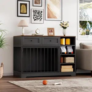 47.2" Dog Crate Furniture with 2 Drawers and 4 Shelves, Wood Dog Crate TV Stand, Large Dog Kennel Indoor for Small Medium Large Dogs, Black