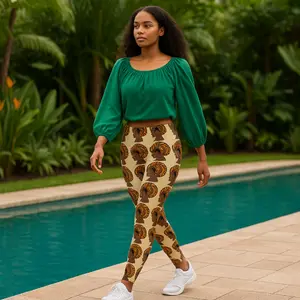 Wekele Creations Horn of Plenty Afro-Deco Leggings - Black Art Fashion High-Waisted Sculpting Fit 95% Polyester Brushed Suede 5% Spandex Caramel Gold Deep Chocolate Rich Amber Ethnic Prints Bold Leggings for Yoga & Lounging