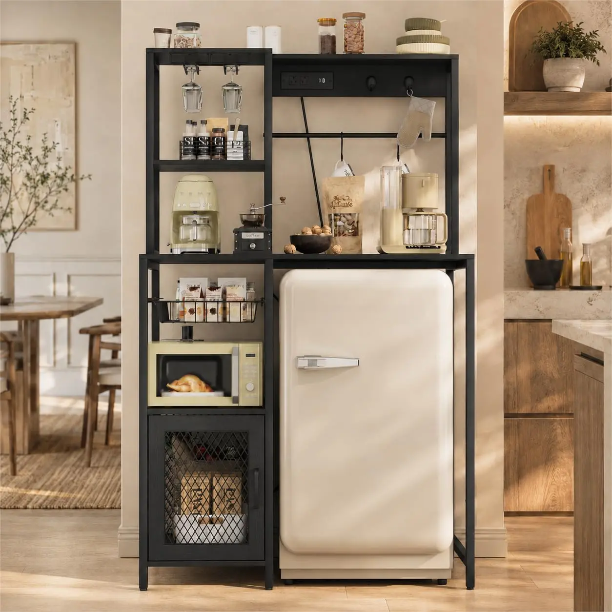 Kitchen Bakers Rack with Refrigerator Storage Space, Industrial Microwave Stand with Power Outlet, Freestanding Kitchen Shelf for Pantry Living Room, 33.9 x 19.7 x 58.1 Inches