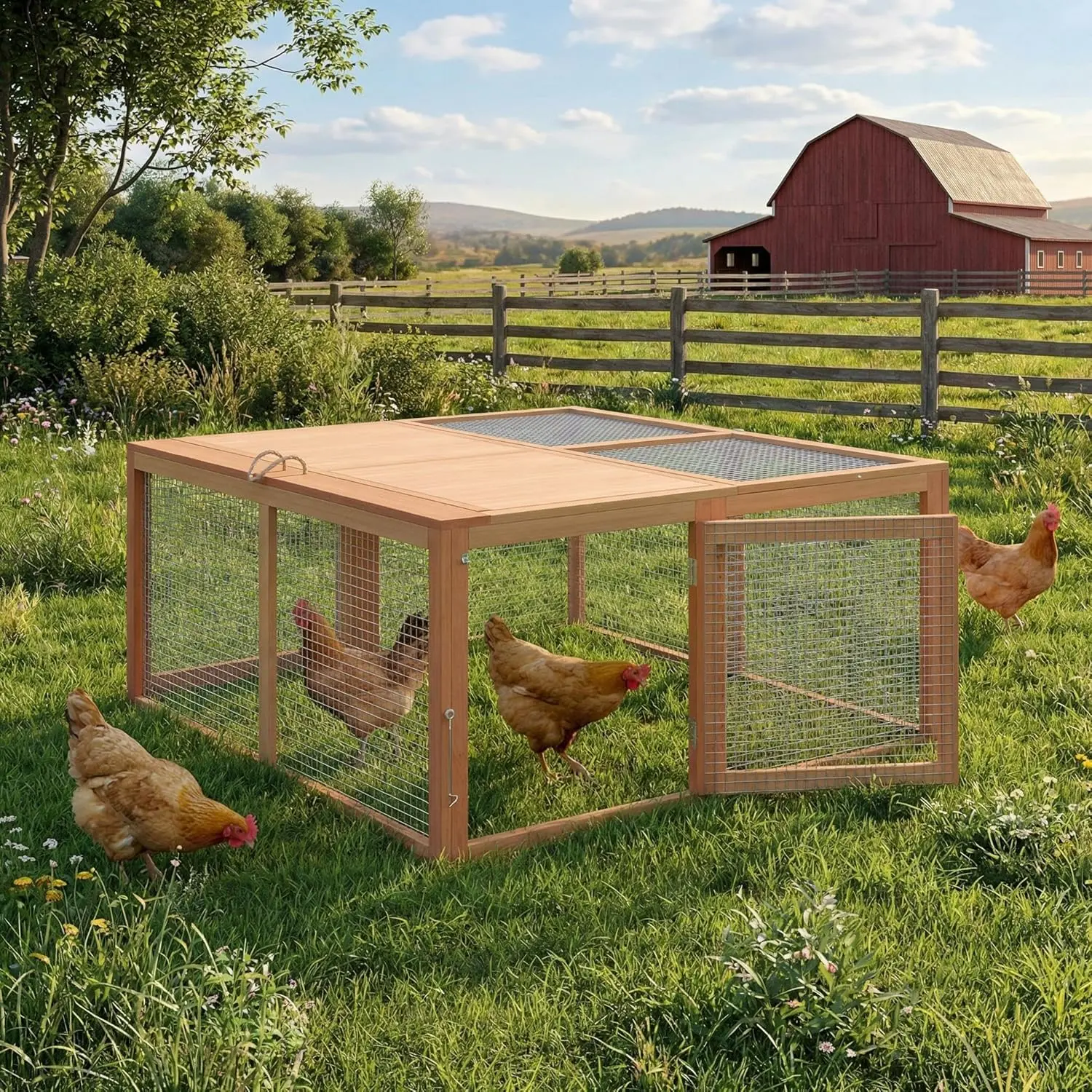 YJ-Garvee Folding Wooden Chicken Coop Run and Rabbit Hutch with Portable Design, Top & Side Opening Doors, No Assembly Needed, Suitable for Indoor and Outdoor Use, Oak Finish