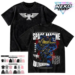 Neko Gear Men's Warhammer 40,000 Space Marine 2 Ultramarine Oversized Ribbed Vintage Washed Graphic Print T-Shirt, Breathable Garment, Casual Short-Sleeve Gaming Aesthetic Apparel