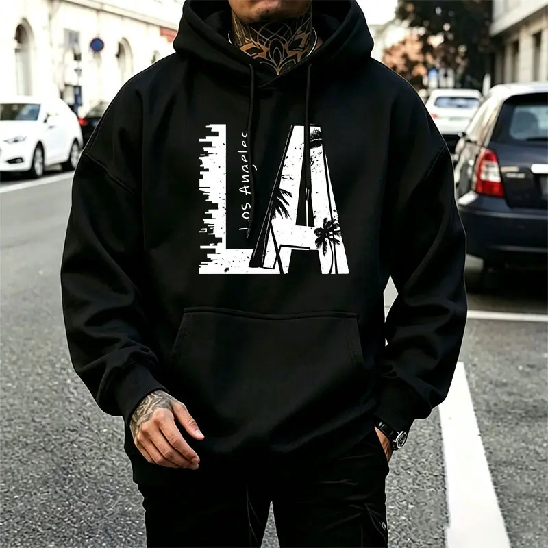 LA Los Angeles skyline print hoodie, American street style, loose drop-shoulder men's casual pullover sweatshirt