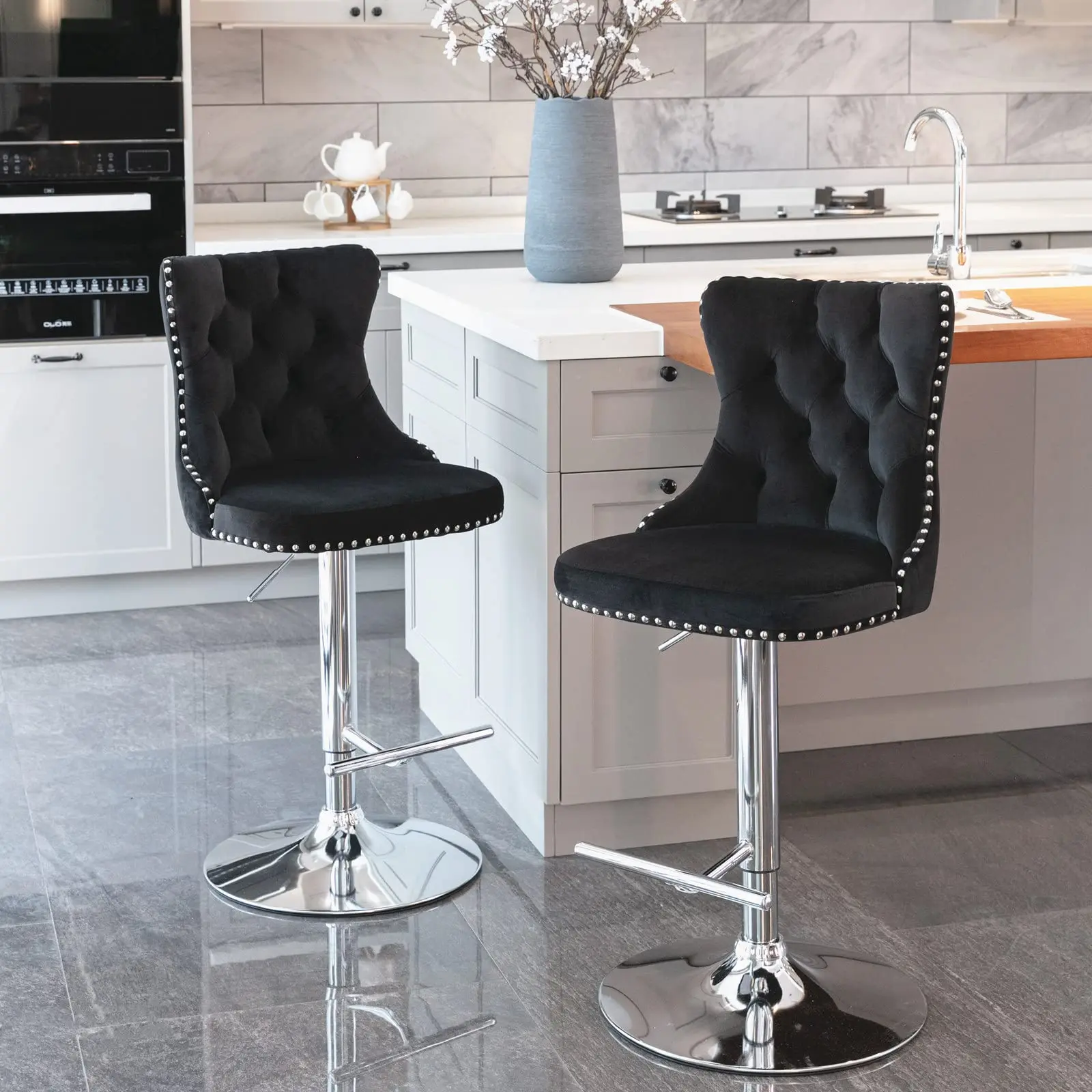 ELSEADY Bar Chairs Set of 2, Adjustable Seat Velvet & Metal Swivel Barstools, Upholstered Counter-Height Stools with Back & Black Footrest for Kitchen Counter