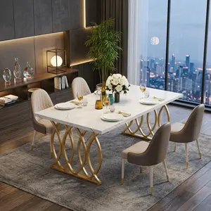 63" Large Rectangular Modern Dining Table, 4-6 Person Capacity, Faux Marble Tabletop with Gold Geometric Legs, White & Gold Stylish Design, Perfect for Dining Room/Kitchen/Living Room, Indoor Home Decor & Daily Use
