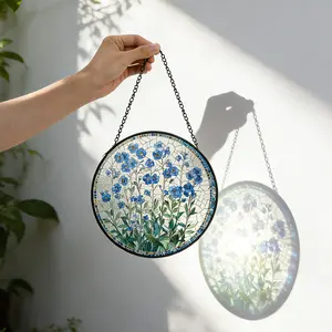 Glass Painted Pendant, 20CM, with Box & Hook, Wave-Shaped Colored Glass Suncatcher for Window Decoration