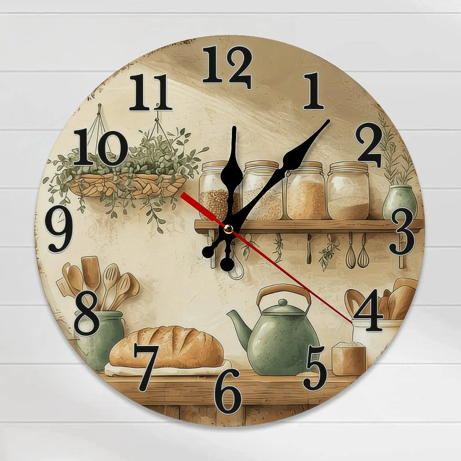 Farmhouse Wall Clock - 10/12 in Silent Retro-Inspired Shaped Wooden Clock with Bread & Teapot Design, Quiet Wall-Mounted Farmhouse Home Decor for Kitchen, Dining Room, Retro-Inspired Wall Clocks, Quiet Wall Clocks