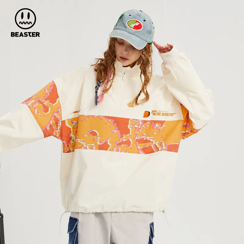 BEASTER Ghost Face Trendy Sports Jacket, Patchwork Retro Fashion Casual Loose Long Sleeve Windproof