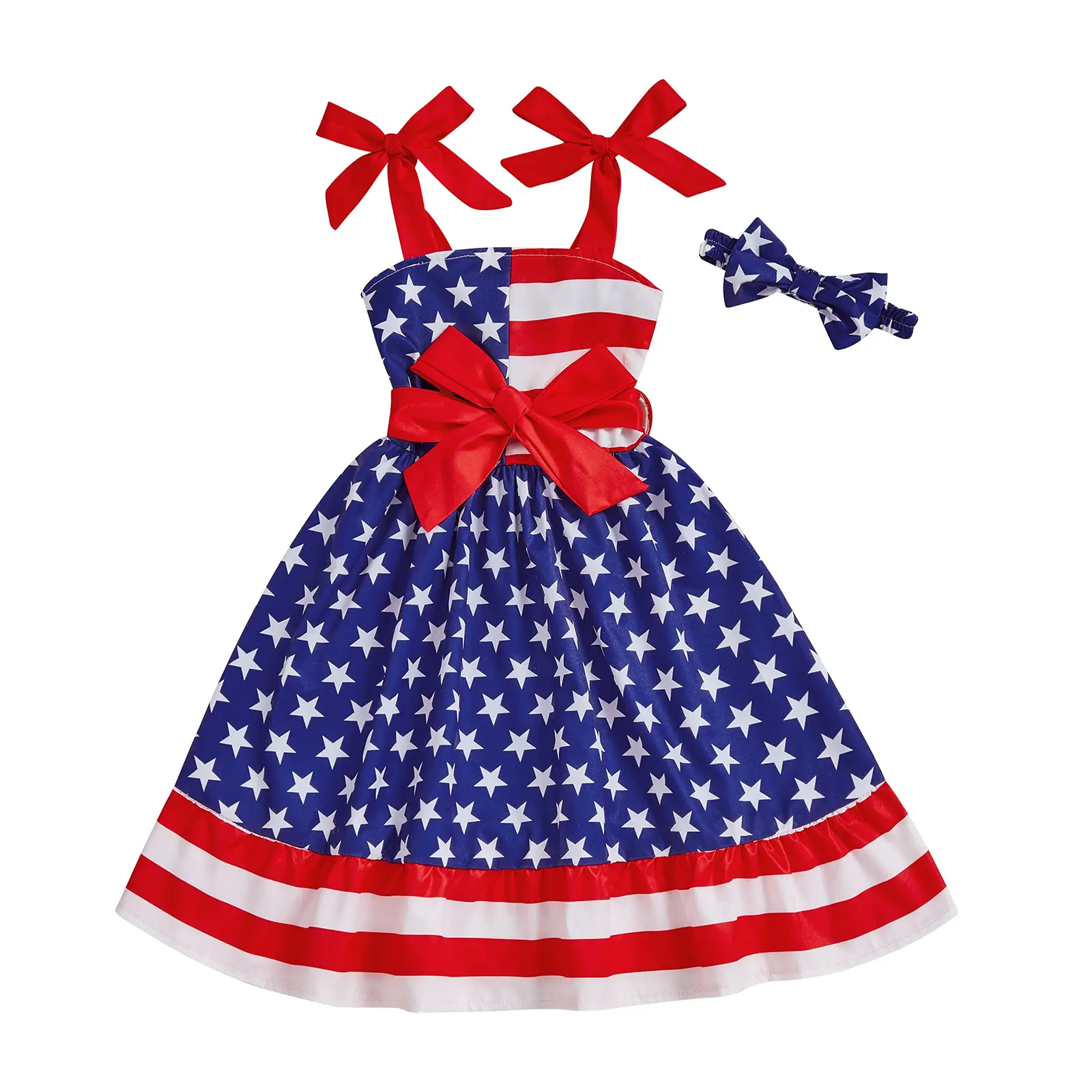 Toddler Baby Girls Patriotic Outfits Tie up Straps Star Striped Print Sleeveless Dress and Headband 4th of July Clothes 1-6Y