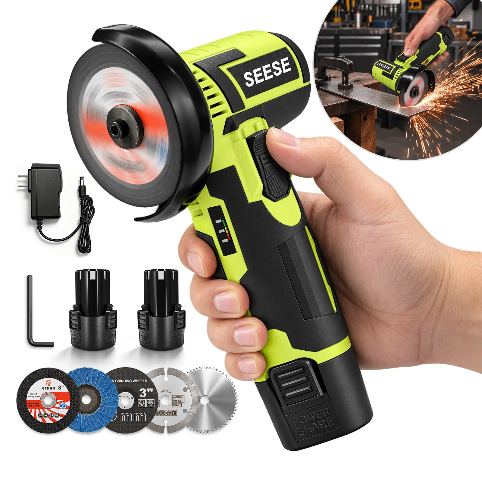 Cordless Brush Angle Grinder Kit, 19500rpm Mini Electric Angle Grinding Tool with 2pcs 16.8V 2000mAh Batteries and 6-Cutting Discs, Grinder Handheld Cutter for Metal Wood toolupgrade