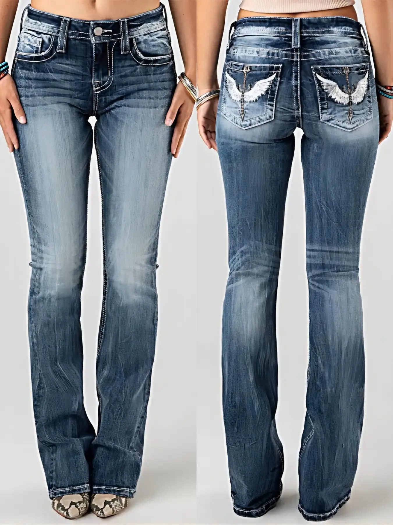 American Vintage Embroidery Back Pocket Micro Flare Women's Jeans, Denim Clothing, Fitted Elastic Bell Bottom Long Pants, Casual Fashion All-Season Medium Wash Denim Mid Waist