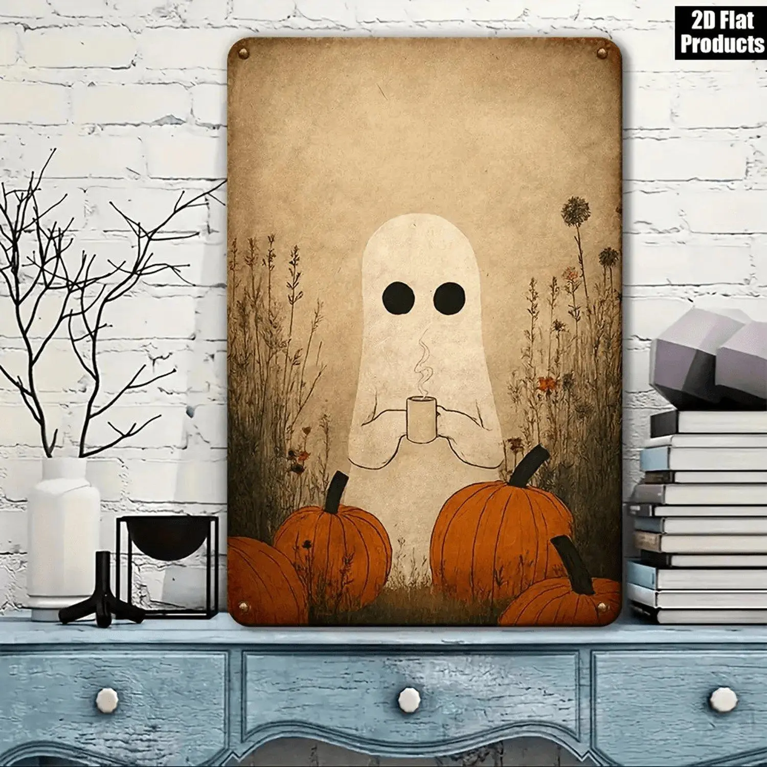 This retro wall sign features a pumpkin holding coffee with rustic autumn styling. The reusable artwork requires no power supply and works as Halloween decoration for bedrooms, living‑rooms and outdoor patios