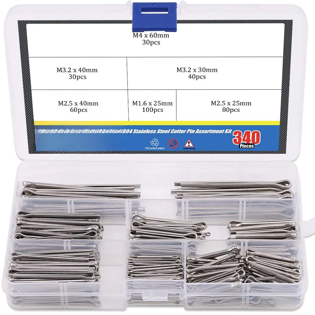340-Count 6 Sizes 304 Stainless Steel Hairpin Cotter Pin Clip Fastener Assortment Kit - Durable, Secure Hold Tools for Mechanics, Automotive & Small Engine Repair