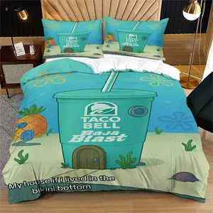 Spongebob Underwater Theme Bedding Set, Dreamy Childhood Memory Cartoon Duvet Cover Set with Pillowcases, Trendy Quirky Bedroom Decor