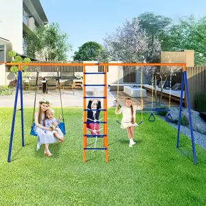 VEVOR Swing Sets for Backyard, 6 in 1 Swing Set with 2 Swings, Trapeze Bar, Climbing Ladder, Climbing Net, and Basketball Hoop, 440lbs Load Capacity Heavy-Duty Metal Swingset Outdoor for Kids Ages 3+, Playground Equipment