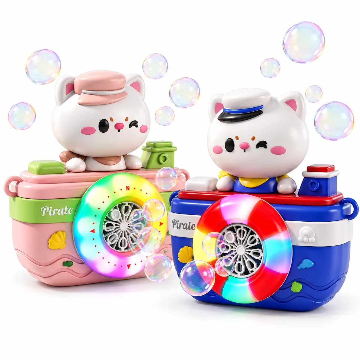 Cat Bubble Machine for Kids with LED Lights, Pirate Ship Bubble Blower Toy for Outdoor Play, Backyard and Birthday Parties