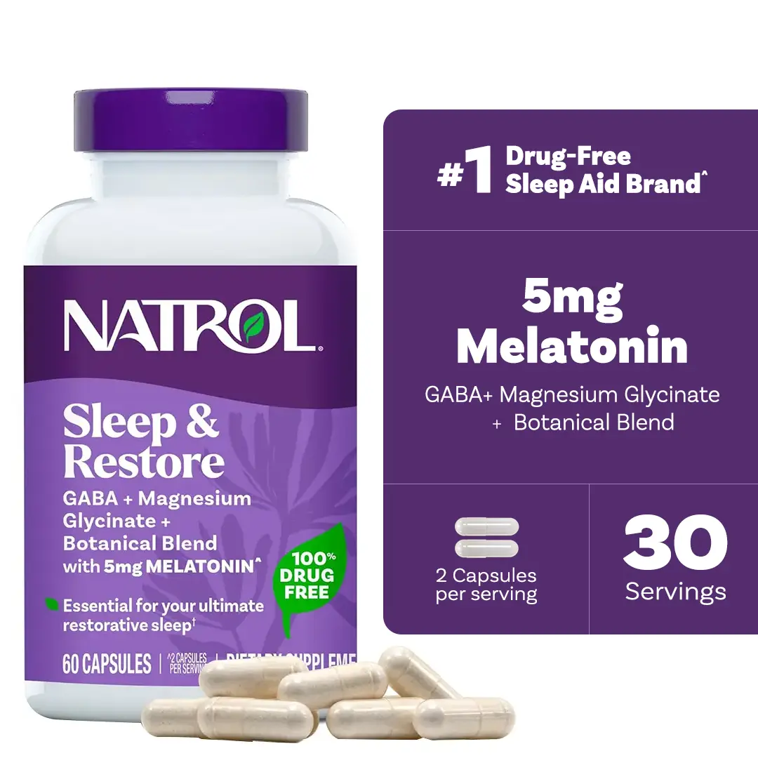 Natrol Sleep & Restore Dietary Supplement Capsules - Sugar-Free, Calm Magnesium Glycinate, GABA, 5mg Melatonin, Botanical Blend, 30-Day Supply for Metabolism & Brain Health