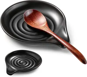 Spoon Rest for Stove Top, 6.1" Large Ceramic Spoon Holder for Kitchen Counter Decor, Heat-Resistant Cooking Utensil Rest, Coffee Spoon Holder, Black Kitchen Spoon Rest for Spoon Ladle Spatula Cutlery Tableware