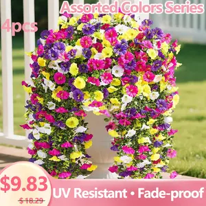 4Pcs UV Resistant Plastic Artificial Morning Glory Hanging Decor, Artificial Hanging Baskets, Spiral Vine with Chain Design, Maintenance-Free Plants, Garden Accessories, for Outdoor Courtyard, Porch & Front Door, Weddings & Indoor Outdoor Decoration