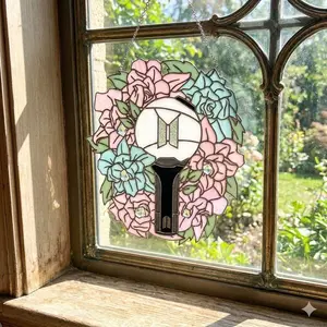 Kpop Inspired Lightstick Floral Suncatcher, Pastel Rose Glass Window Hanging Decor, Fan Gift for Purple Music Lovers, Birthday & Concert Surprise Gift