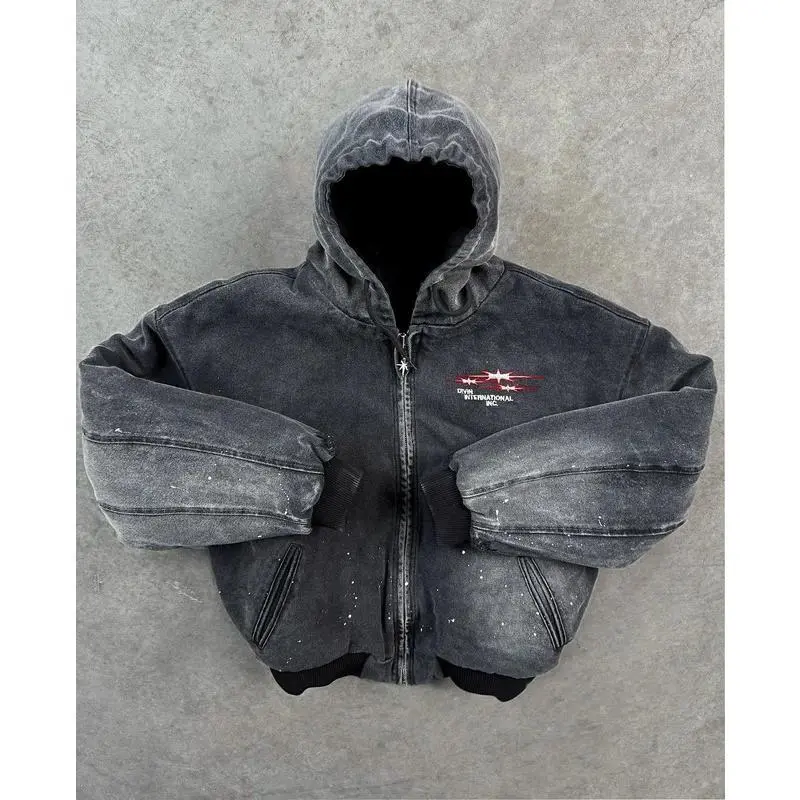 Vintage Washed Jacket Y2K Zipper Hoodie Men's Rock Hip Hop Retro Embroidered Hoodie Sportswear Zipper Jacket Coat