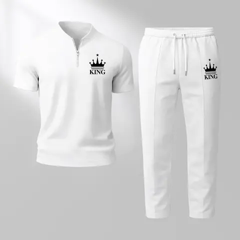 Men's King Print Waffle Knit 2-Piece Clothing Set - Elastic Fabric Zip Henley Collar Zip-and-Go Short-Sleeve Shirt, Loose Fit Long Pants, Breathable Soft Minimalist Mensfashion for Casual Everyday Wear