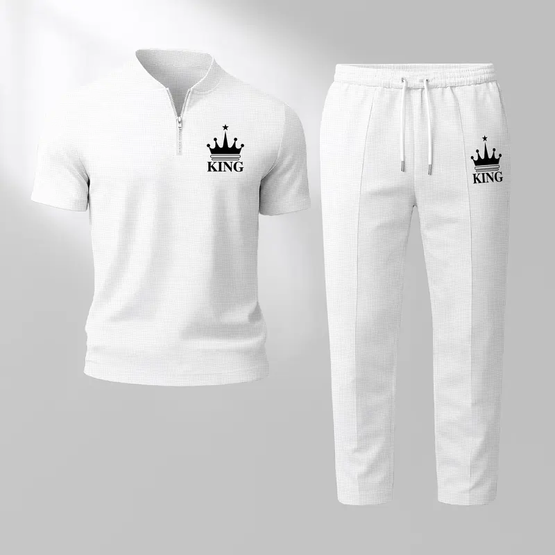 Men's King Print Waffle Knit 2-Piece Clothing Set - Elastic Fabric Zip Henley Collar Zip-and-Go Short-Sleeve Shirt, Loose Fit Long Pants, Breathable Soft Minimalist Mensfashion for Casual Everyday Wear