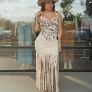 Fringe Maxi Skirt - Suede, Adjustable Straps, Fringe Detail, Casual Style, Versatile for Various Outfits, Women's Bottom - Womenswear