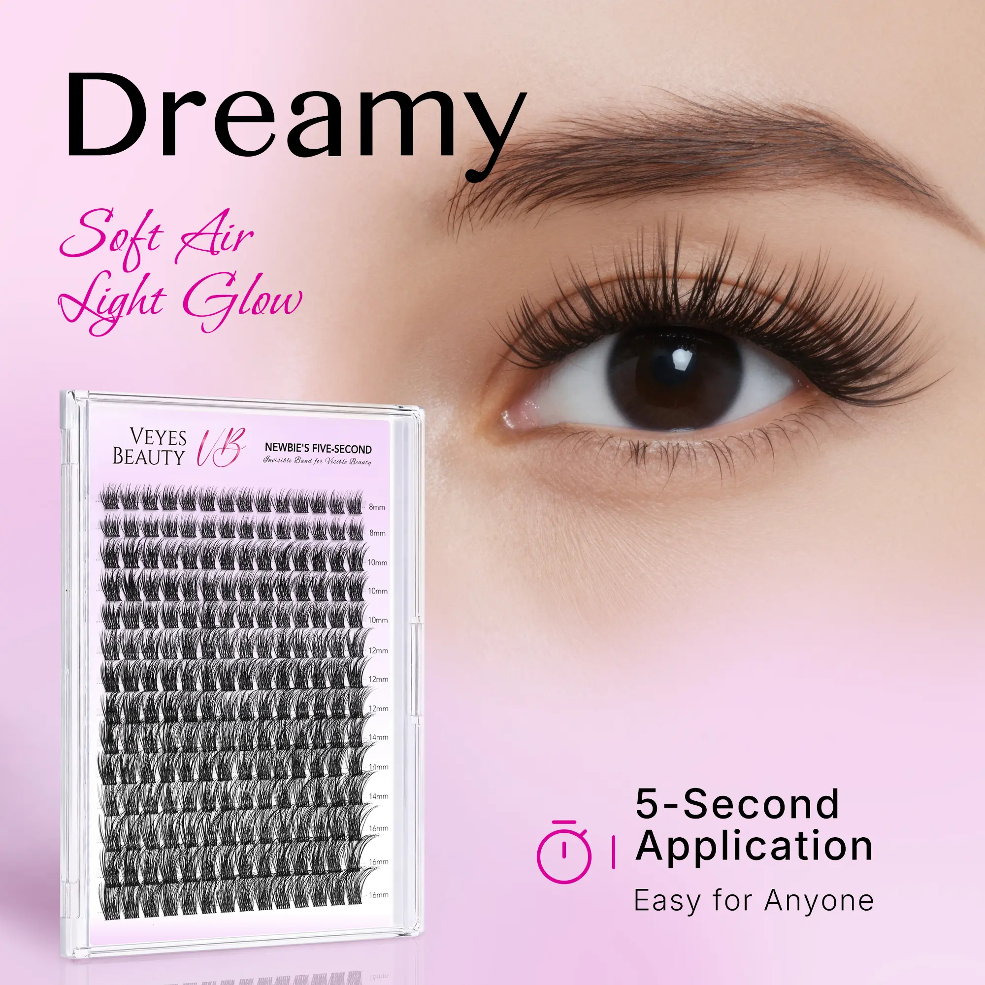 VEYESBEAUTY Dreamy Cluster Lashes Kit Individual Lash Extensions With Bond & Seal+ Tweezer Newbie's Five-Second DIY Dramatic Volume Eyelash Wispy Faux Mink Lash Mixed Length Tray for Self Application at Home Makeup Cosmetic,sunscreen