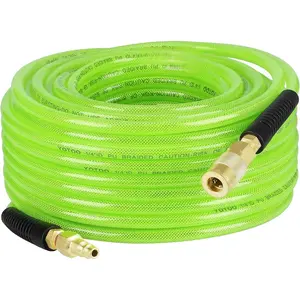 Reinforced Polyurethane Air Hose 1/4" Inner Diameter by 100' Long, Flexible, Heavy Duty Air Compressor Hose with Bend Restrictor, 1/4" Swivel Industrial Quick Coupler and Plug, Green