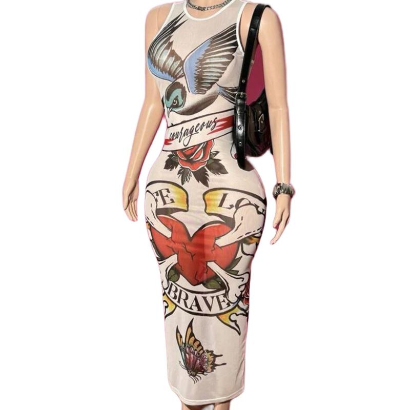 Slaydiva 2025 New Summer Casual Street Retro Baroque Y2K Hot Girl Style Sexy Perspective Round Neck Vest Long Skirt Slim Hip Skirt White Bottom Love Slogan Logo Bird Rose Print Pattern Ladies Long Dress-A Y2K Dress Long Bodycon Dress