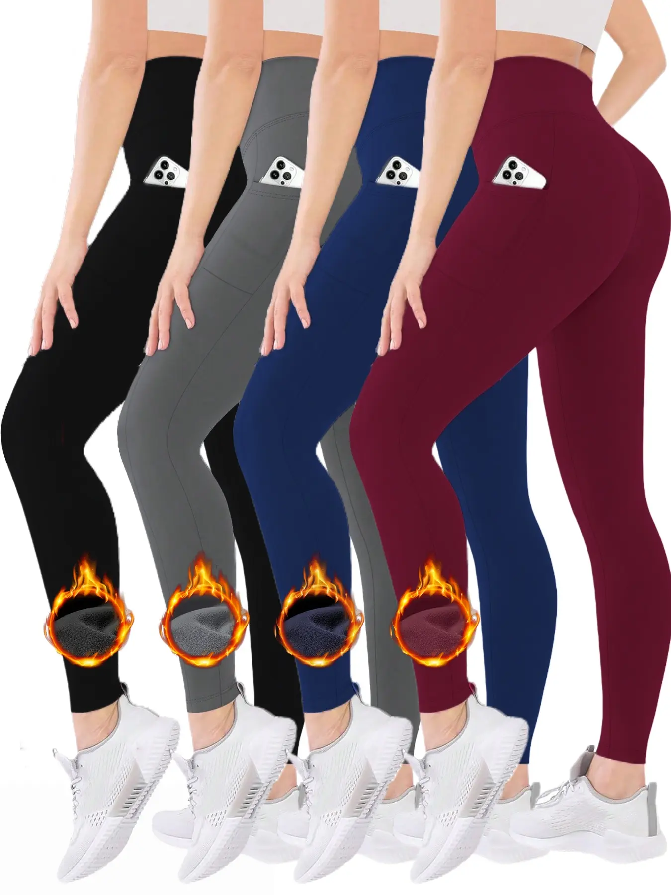 4 Pack Women's Fleece Lined High Waist Leggings, Tummy Control Butt Lift Winter Yoga Pants with Pockets, Stretchy Warm Thermal, Black Grey Red Blue