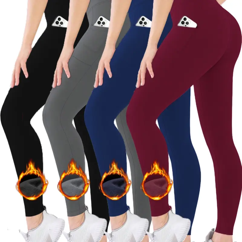 4 Pack Women's Fleece Lined High Waist Leggings, Tummy Control Butt Lift Winter Yoga Pants with Pockets, Stretchy Warm Thermal, Black Grey Red Blue