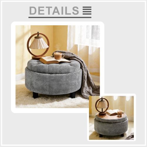 Modern 25 Inch Round Storage Ottoman Coffee Table with Tray & Removable Top, Tufted Upholstered Circle Ottoman for Living Room Bedroom, Dark Grey/Light Grey/Black/Dark Green/Coffee/Camel