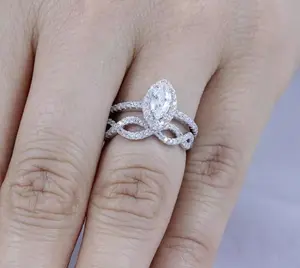 2PC Sterling Silver Marquise CZ Wedding Band Engagement Rings Set Size 3-15 SE1214