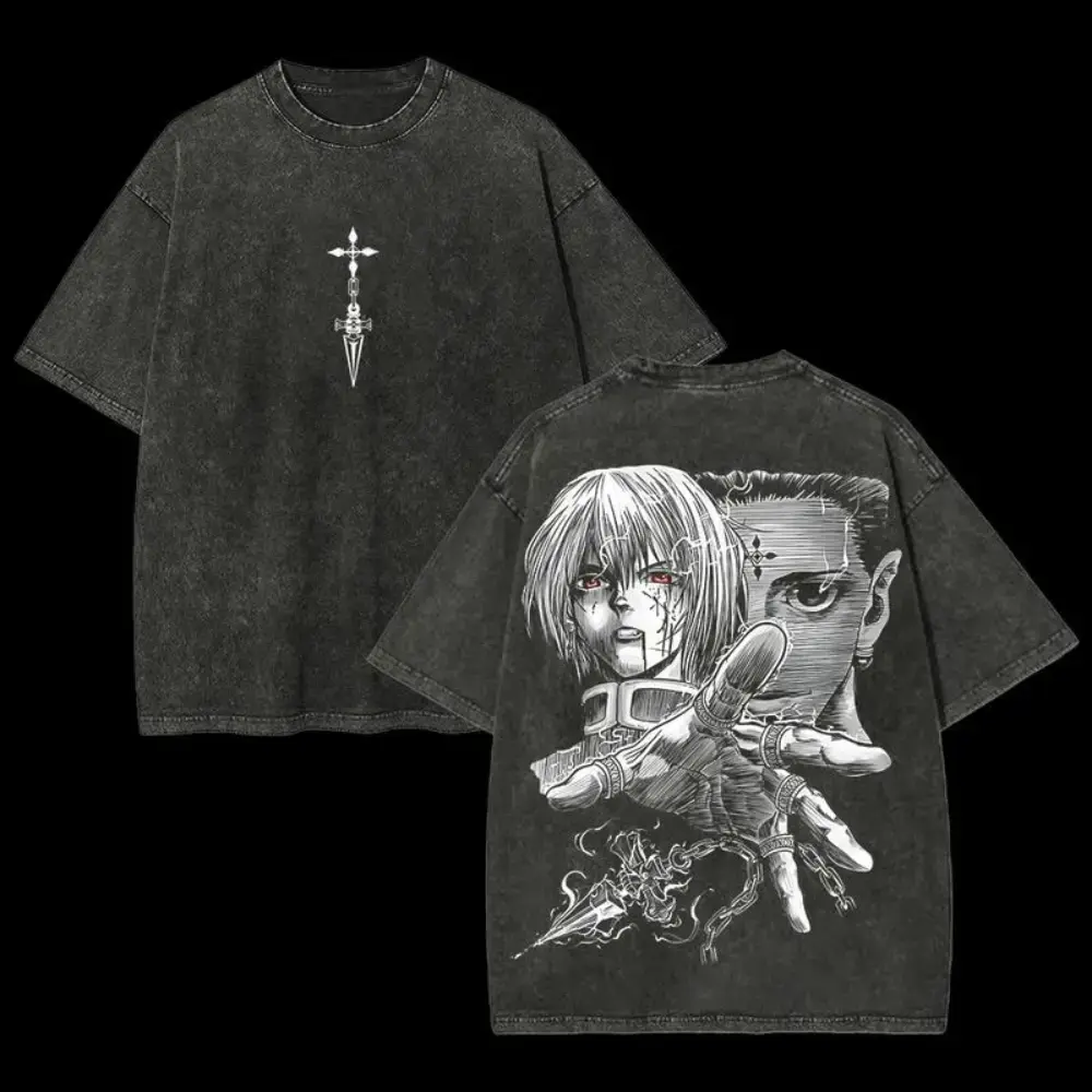 Shizuku Hunter X Hunter Anime Double Printed Vintage Washed Tee Unisex Oversize Heavyweight Cotton T-shirt,acid gymwear merch,anime fan bleach merchandise,unisex retro anime lover,manga movie,oversized japanese y2k gife