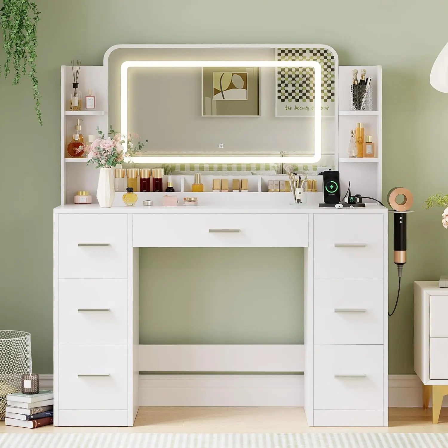 Furmax Wood Makeup Vanity Desk with 3-Color LED Light Strip Mirror,  Charging Station with AC Outlets, USB & Type-C Port,Modern Vanity Table with Large Storage Drawers for Bedroom, Bathroom