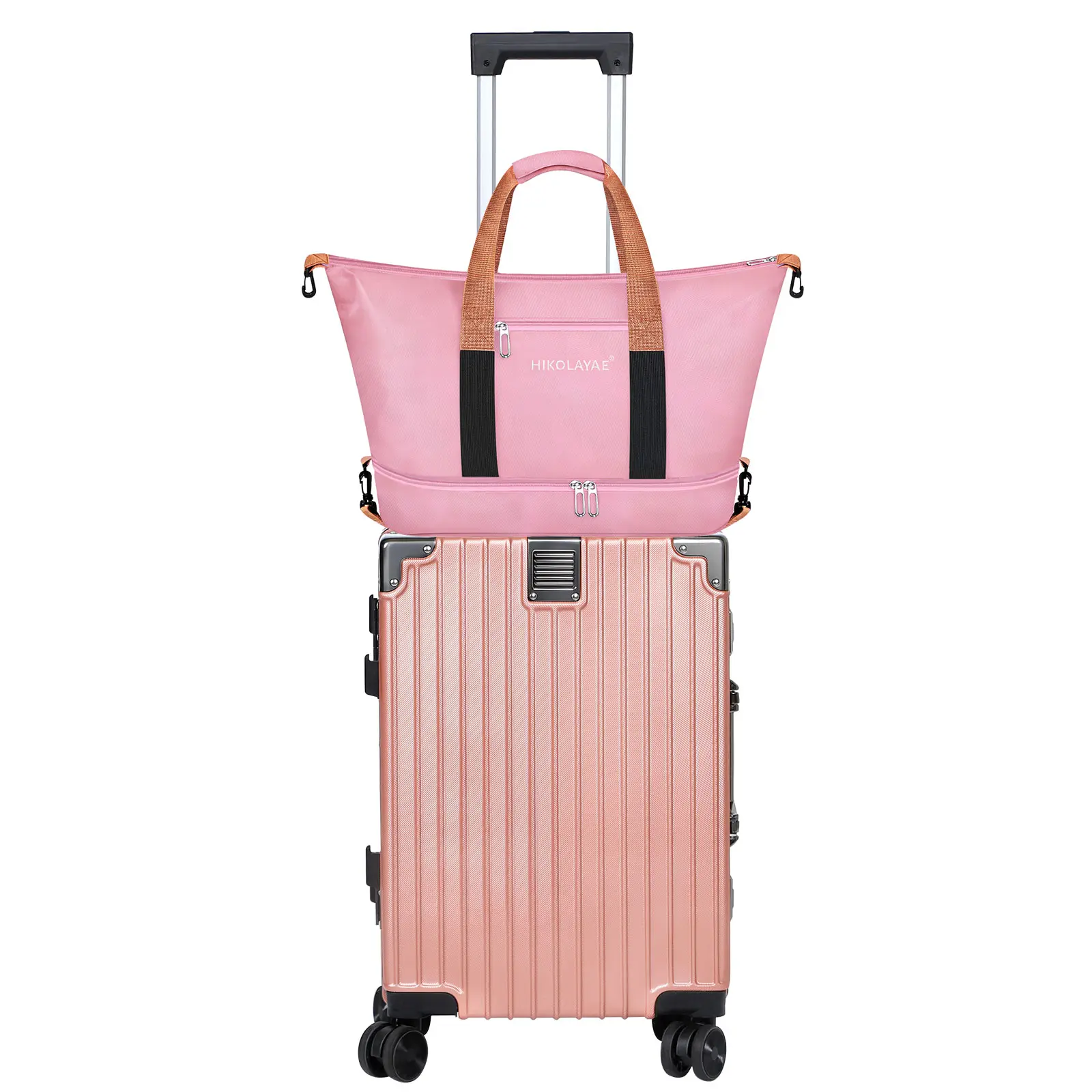 Pink 2-Piece Luggage Set: 20-in Aluminum Frame Carry On Suitcase, Travel Tote, 360° Spinner Wheels, TSA Lock for Travel