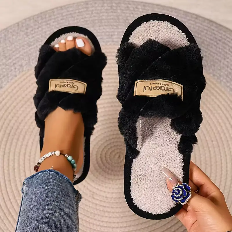 Women's Soft House Slippers, Cozy Plush Criss Cross Slides with Fleece Lining, Warm Indoor Footwear with a Non-Slip EVA Sole, Home Slippers, Slip On, Snuggly Hugable Women's Home Slippers