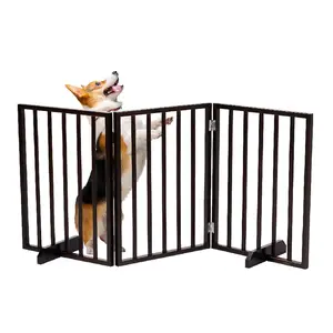 CalidoCasa 24 Inch Walnut Wooden Folding Pet Gate Freestanding Dog Fence with Floor Protectors, Portable 3 Panel Indoor Pet Barrier for Puppies, Small Dogs, Cats, Hallways & Doorways