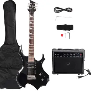 Flame Shaped Electric with 20W Electric Sound HSH Pickup Novice Audio Bag Strap Picks Shake Cable Wrench Tool Black Beginner's Kids Acoustic Set slider lightweight wholesale underrated  acustic jazz master Amplifier 5- string guitar affordable extra light