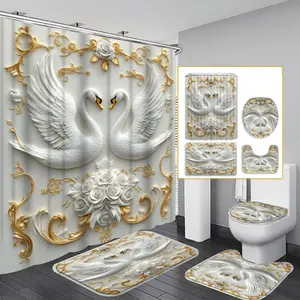 1PC/4PCS 2D Flat Printing White and Gold Swan Relief Patterned shower curtain, home bathroom decor, Printed Shower Curtain set with 12 hooks, non-slip bathroom rug, U-shaped toilet seat cover, toilet seat mat.