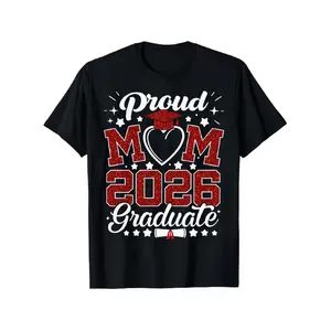 Black Short-Sleeve Casual Graphic Tee for Proud Moms Celebrating 2026 Graduation, Featuring Comfortable Elastic Fabric, Soft Stretch Material, Breathable Design, Crew Neck, And Regular Fit. Unisex Couple T-Shirts for Men And Women